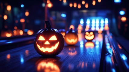 Pumpkin-shaped pins glowing in the dark, with an eerie bowling ball illuminated in a dimly lit space. Perfect setting for a Halloween bowling game.