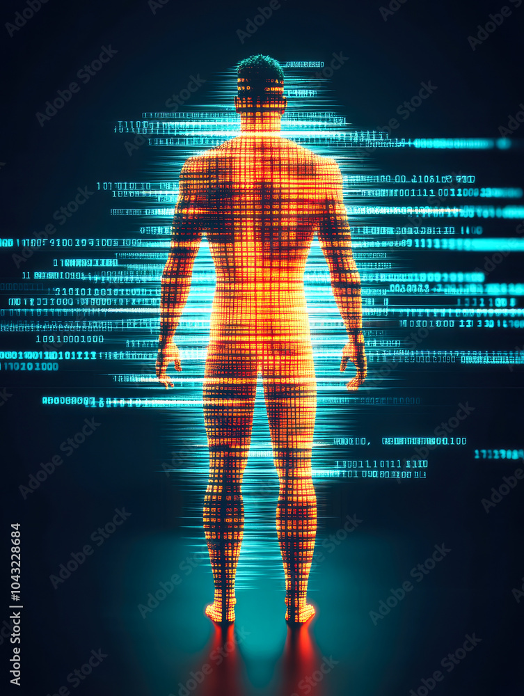 Poster a person composed of data streams in a glowing sphere, symbolizes the pervasive influence of technol
