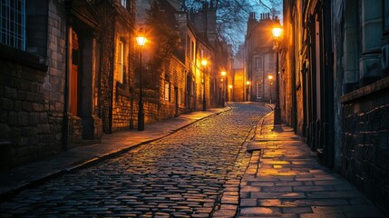Naklejka premium Quiet Victorian street with cobblestone pavement, lit by flickering gas lamps. The scene is empty, atmospheric, and nostalgic.