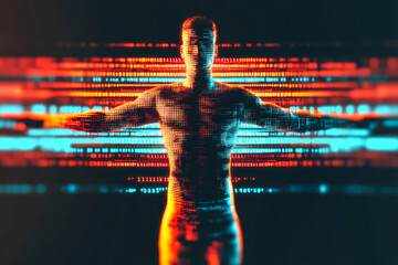 A digital human figure emerges from vibrant neon lines symbolizing technology and modern connectivity in a digital world.