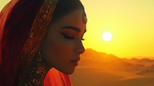 A serene silhouette of a woman at sunset in a vast desert landscape, radiating beauty and tranquility as the sun dips below the horizon - Powered by Adobe