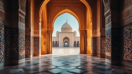 Fototapeta premium Serene view through an Arab archway, leading to a majestic mosque, framed by intricate architectural details and soft lighting.