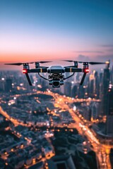 Bird's-eye view of a drone soaring over a sprawling urban landscape, capturing the city's vibrant energy.