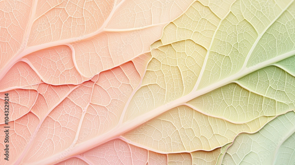 Poster macro photography of leaf veins creating a delicate pattern, toned with pastel colors for a soft and
