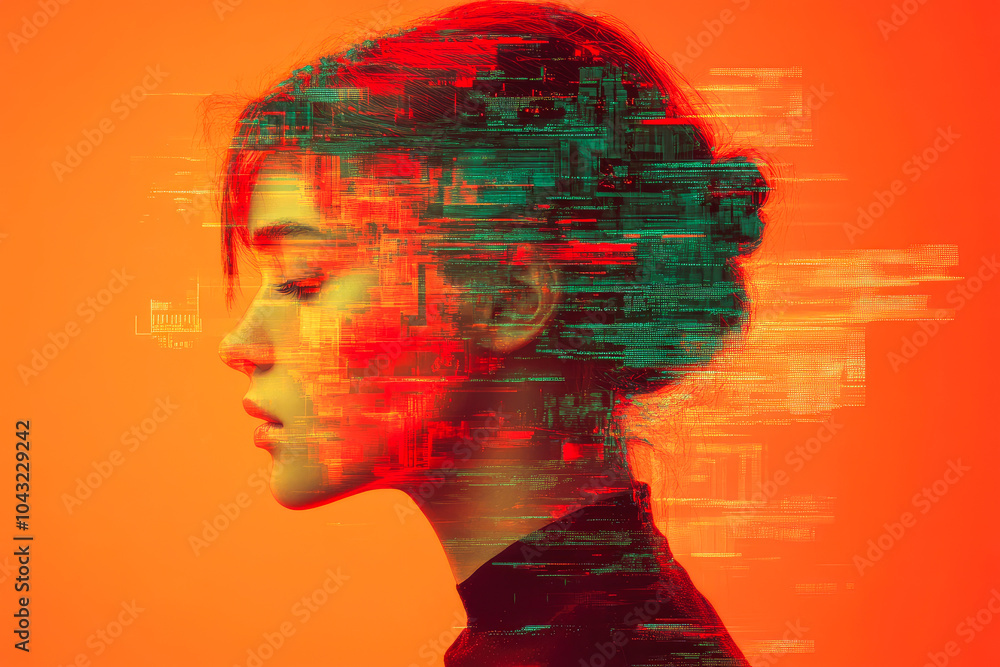 Poster a digital portrait with glitch effects, blending vibrant red and green tones to create a visually st