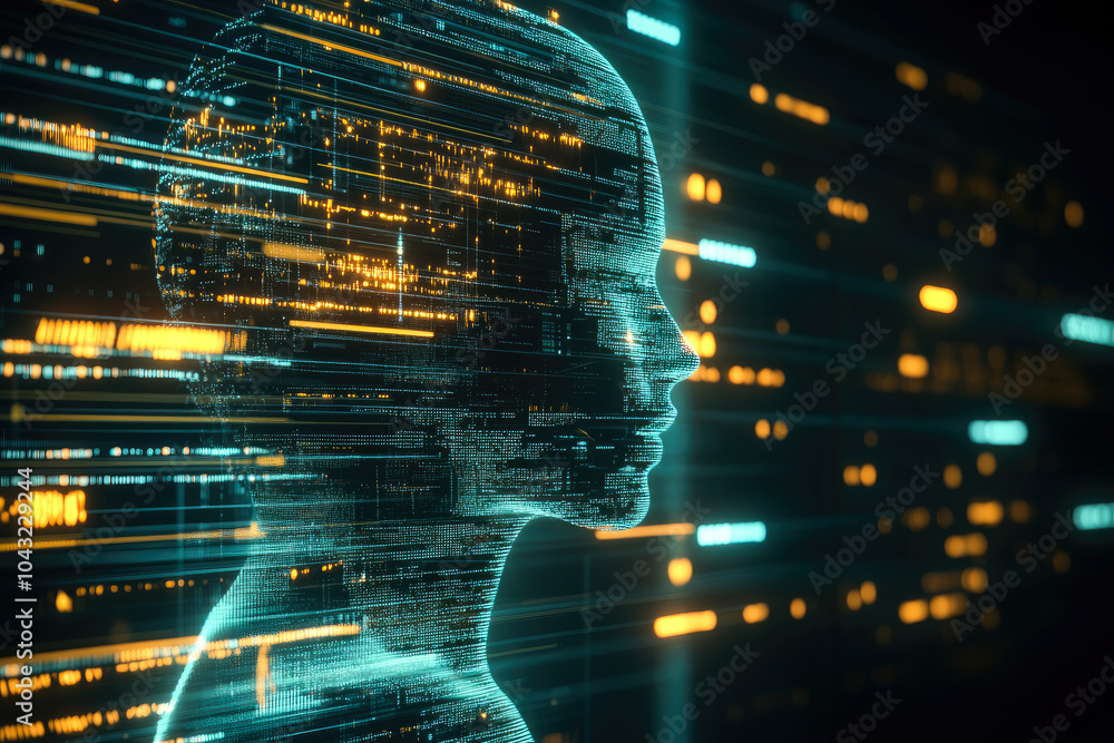 Poster a futuristic image of a human silhouette, composed of glowing digital data lines and patterns on a d