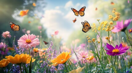 Fototapeta premium A beautiful garden filled with colorful flowers in full bloom, attracting butterflies and bees, representing the beauty of spring