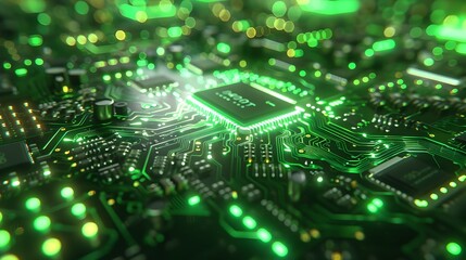 Futuristic Microchip Data Analysis with Green Neon Glow and Depth of Field