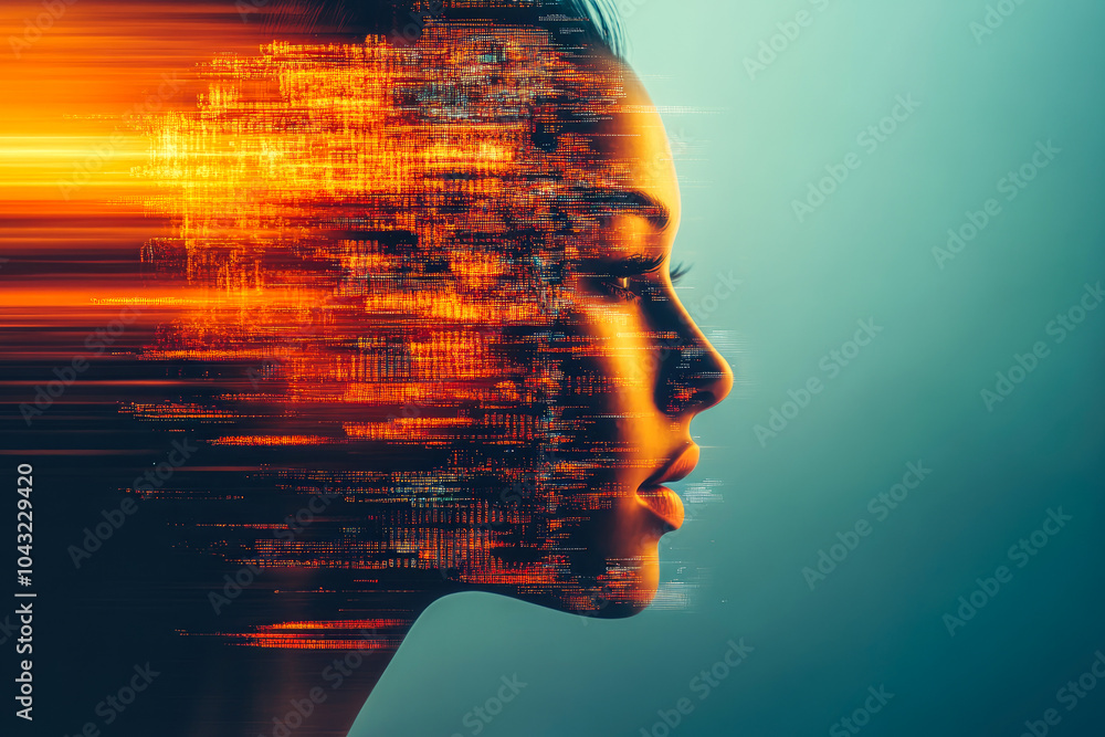 Poster an expressive digital portrait capturing dynamic energy with fragments and powerful color contrasts,