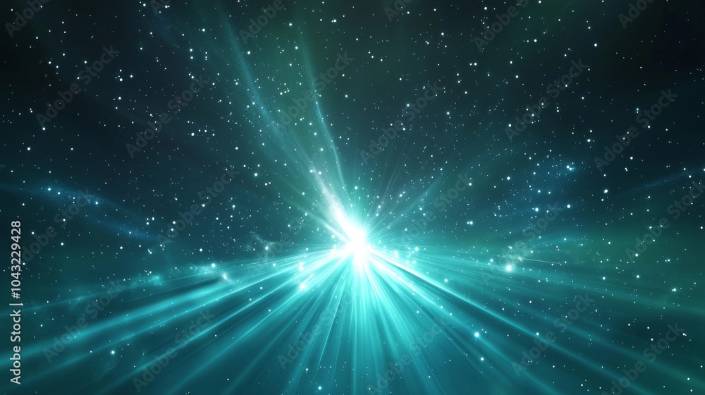 Poster abstract background showing a bright light exploding in turquoise space, with many stars and lens fl