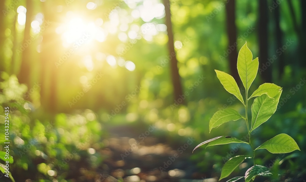 Poster a single green plant in the foreground with a blurred background of a forest path with sunshine stre