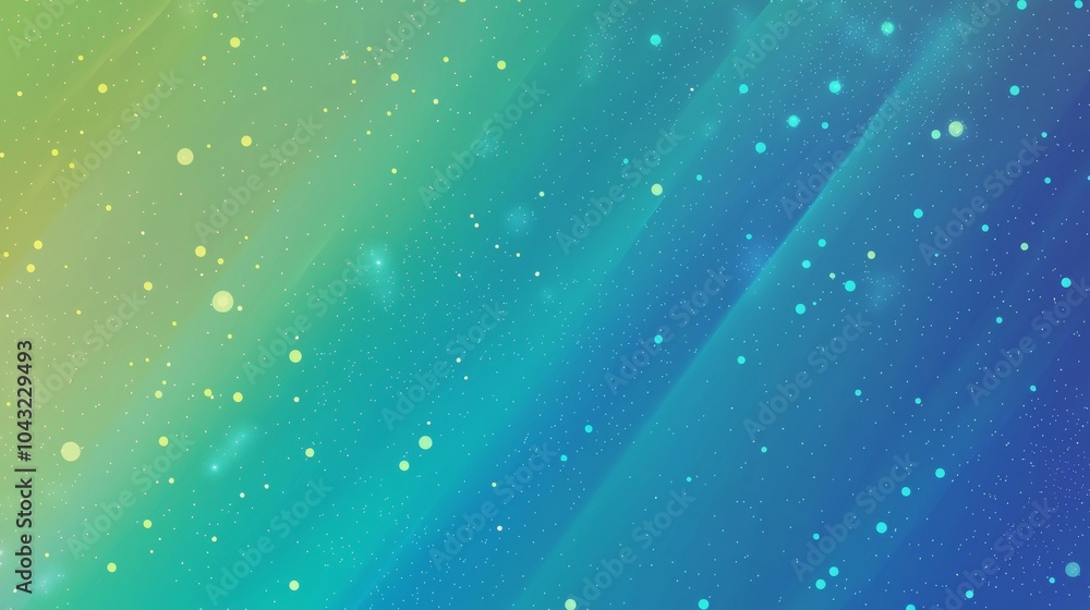 Poster abstract blue green gradient background with glowing particles floating across the screen, creating 