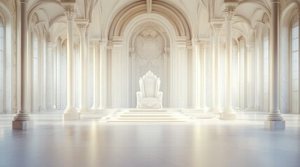 Fototapeta premium Spacious throne hall with a majestic white throne, bathed in soft light, surrounded by delicate architectural details, evoking a serene yet royal mood.