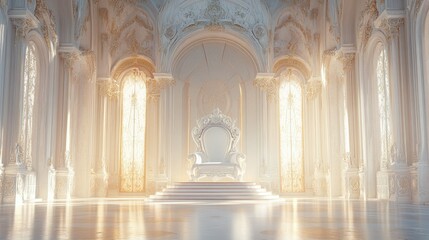 Obraz premium Spacious throne hall with a majestic white throne, bathed in soft light, surrounded by delicate architectural details, evoking a serene yet royal mood.