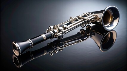 Naklejka premium High angle view of a clarinet bell on reflective surface with dark background