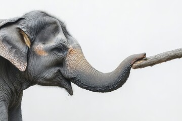 Fototapeta premium Elephant interacting with a branch, white isolated background