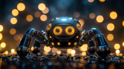 A futuristic robotic spider with glowing eyes stands on a dark surface, with a blurred background of warm lights.