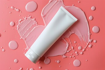 Solid White Cream Tube on Coral Colored Background with Water Droplets