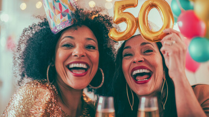Portrait of two happy diverse ethnic mature women friends laughing and posing while celebrating fiftieth birthday - Party and lifestyle concept - Models by AI generative
