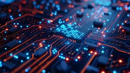 Obraz premium Futuristic Data Analysis Microchip with Neon Blue Depth of Field