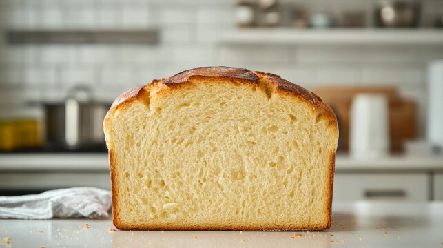 Close-up of a golden loaf of bread being sliced with crispy crust and soft interior in a bright kitchen