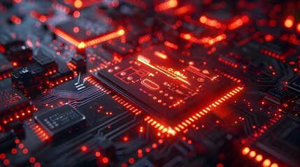 Obraz premium Glowing Red Neon Microchip with Numerical Data Analysis