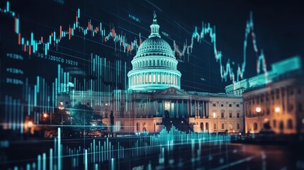 The Capitol Building overlaid with stock market charts and financial data, showcasing political influence on market trends in a modern design.