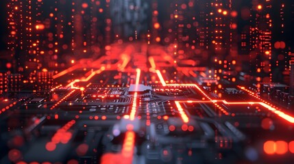 Obraz premium Analyzing Data from Microchip in Vivid Red Neon Glow with Depth of Field