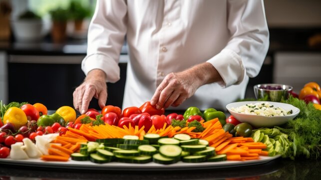 A professional chef arranging an artistic dish entirely from fruits and vegetables