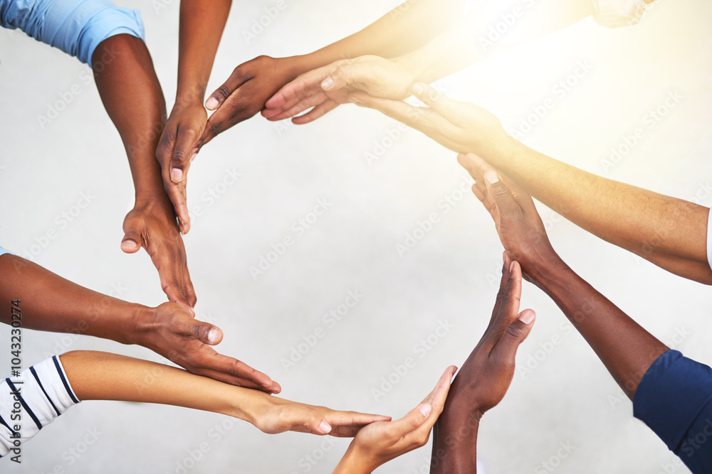 Poster hands, corporate and people with circle in office for diversity, collaboration and creative integrat