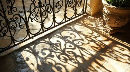 The elegant shadows of a vintage wrought iron window grate play across the sunlit stone floor, capturing the timeless beauty of its craftsmanship.