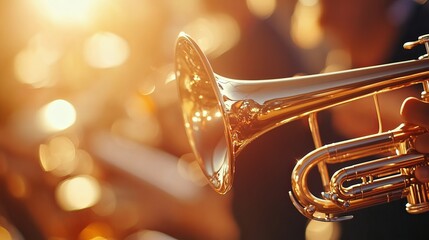 Fototapeta na wymiar A beautiful image of a trumpet glistening in the sunlight, with a blurred background of a jazz band in action.