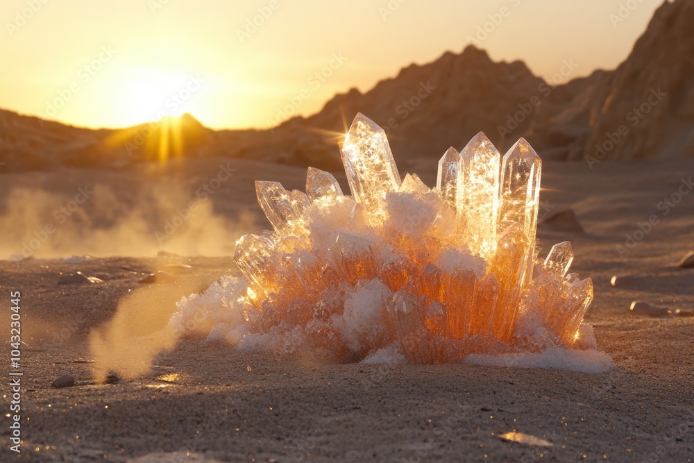 Poster glowing crystal formations bask in the warm glow of the setting sun, creating an enchanting desert l