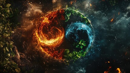 The four elements of nature--earth, wind, fire, water--beautifully designed in a circle, against a dark, moody cinematic background.