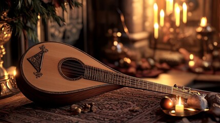 A beautifully crafted lute displayed in an elegant setting.