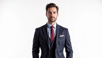 Fototapeta premium Confident young businessman in a tailored suit and tie posing against a white background, fashion photography