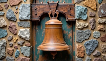 Fototapeta premium Close-up of a rustic bell mounted on a wooden lever against a textured stone wall, church bell background 