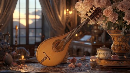 A beautifully crafted lute displayed in an elegant setting.