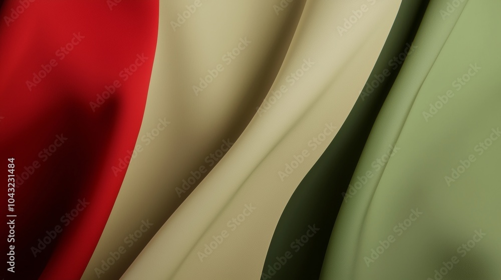 Poster vibrant red, gold, and green waves create a modern, elegant pattern. flowing curves and luxurious te