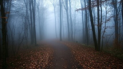 Naklejka premium A Serene Journey Through Misty Woods in Autumn