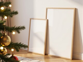 Mockup of two posters in a light wooden frame leaning against a white wall, with a decorated Christmas tree. Cozy Christmas holiday theme with Scandinavian aesthetics. Poster mockup