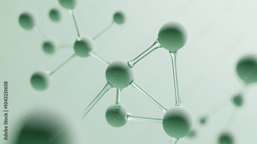 Poster 3d rendering of a network of molecules forming bonds with each other, on a green toned background. p