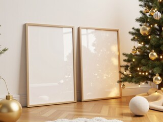 Mockup of two A4 posters in a light wooden frame leaning against a white wall, with a decorated Christmas tree. Cozy Christmas holiday theme with Scandinavian aesthetics. Poster mockup