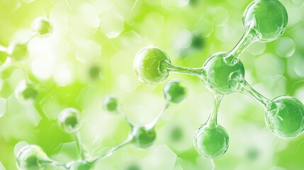 3d rendering of a group of green molecules forming bonds, with a blurred hexagonal pattern on a luminous green background