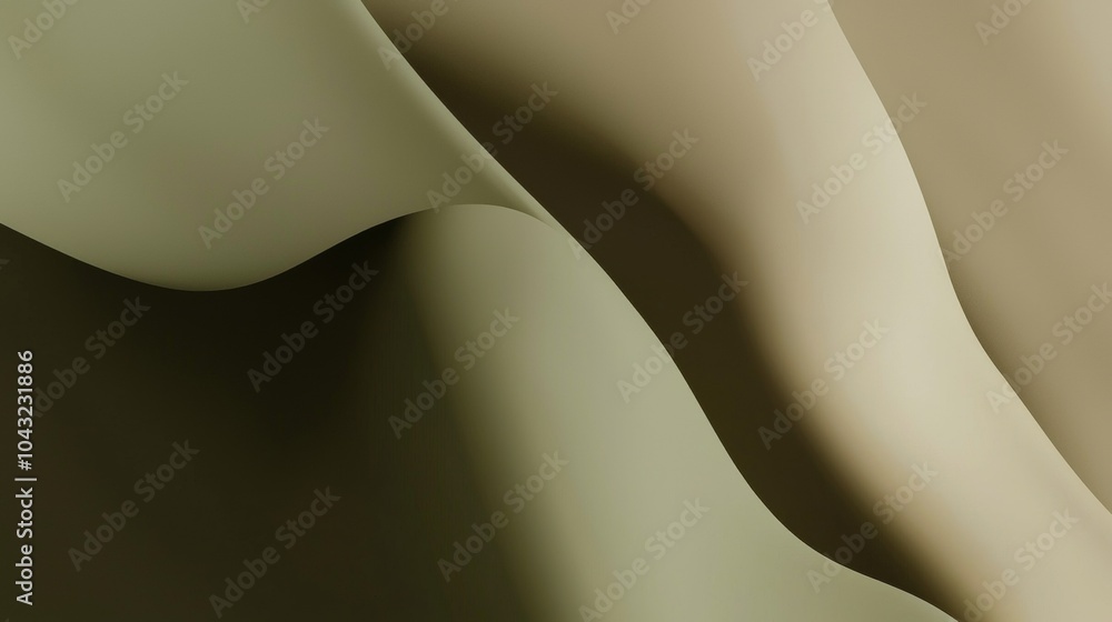 Poster Smooth elegant olive green paper waves flowing and creating an abstract minimalist background with soft lights and shadows