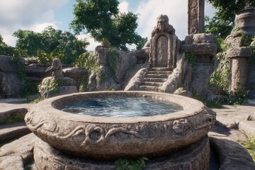 Fototapeta premium Ancient stone fountain in a lush, overgrown garden with historical ruins and carved details, evoking a sense of mystery and history.