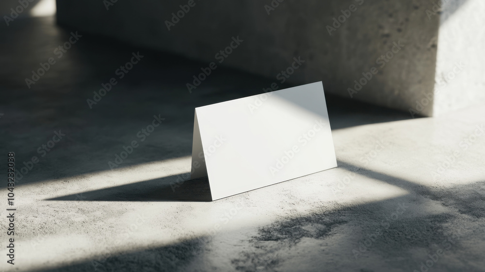Aufkleber blank name card is standing upright on concrete surface, illuminated by soft natural light, creating
