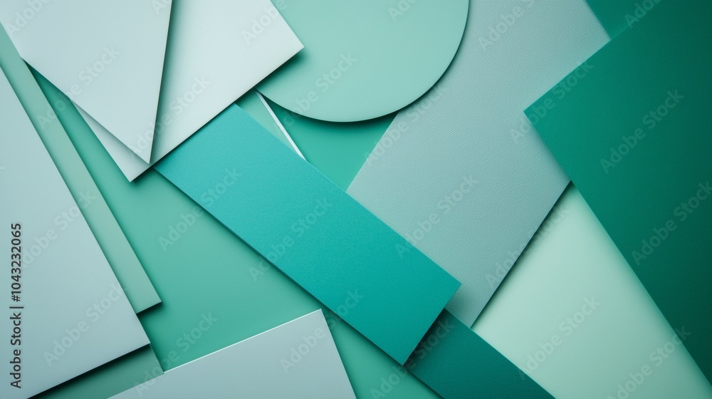 Poster green paper shapes in various geometric forms are overlapping, creating a visually interesting and m