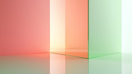 Obraz premium Bright beam of light is coming from behind a frosted glass panel, creating reflections on the surrounding surfaces of a modern interior
