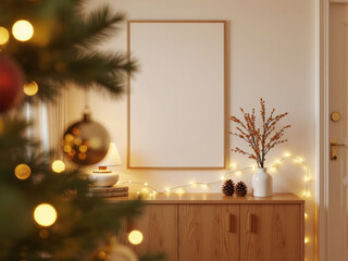 A4 poster in wooden frame hanging above a mid-century wooden cabinet, with decorated lighting casting a warm glow and a decorated Christmas tree, creating a cozy holiday festive ambiance. Frame mockup
